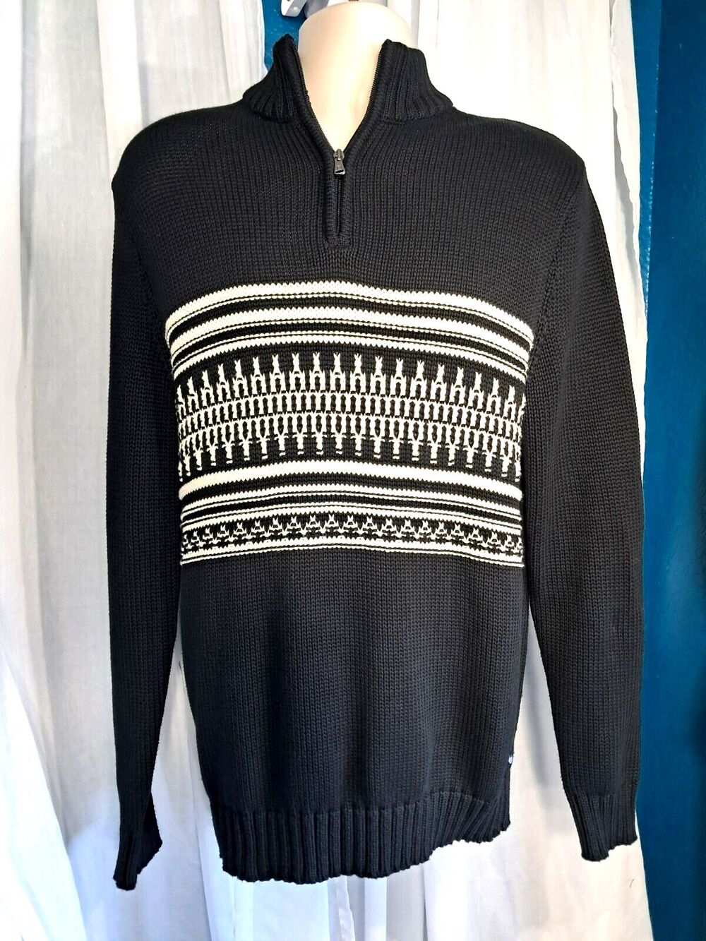 CHAPS Cable Knit Mens Medium1/4 Zip Black White Grandpa Sweater